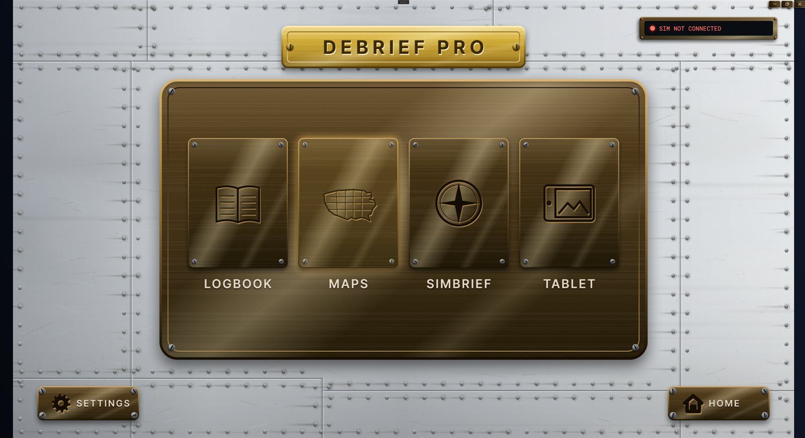 Debrief Pro home screen with Logbook, Maps, SimBrief and Tablet buttons